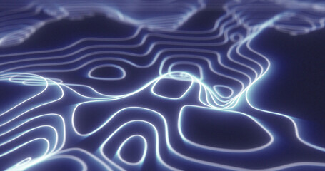 Abstract blue futuristic hi-tech landscape with mountains and canyons from glowing energy circles and magic lines background
