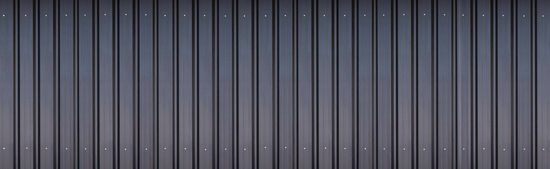 Wall Mural - Panoramic view of black aluminium corrugated steel wall background with gradient light on surface