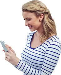 Poster - Digital png photo of caucasian woman using smartphone on transparent background