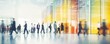 © Maroubra Lab - Business people walking at business center or station, or busy trade fair. Blurred colourful image. Wide banner with copy space. AI generated digital design.