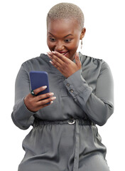 Wall Mural - Surprise, phone and excited black woman winning on an app or website promo isolated in a transparent or png background. Shocked, wow and African person or winner on internet deal, sale or promotion
