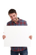 © Bharat Krunal/peopleimages.com - Happy, man and portrait with mockup, banner and news promo on isolated, transparent and png background. Smile, deal and male model face with space, poster and presentation, sign up or billboard