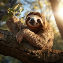 Cute Sloth Hanging On Tree Branch With Funny Face Look,  Wild Animal. Generative Ai
