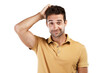 Thinking, doubt or portrait of man confused by question isolated on transparent png background. Why, scratching head or unsure male person with choice to consider for solution or problem solving