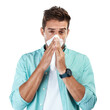 © Bharat Krunal/peopleimages.com - Sinus, blowing nose or portrait of man sick by hay fever illness, flu disease or virus by sneezing with tissue. Allergy problem, toilet paper or face of person isolated on transparent png background