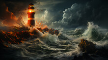 A Glowing Bright Lighthouse On The Seashore During A Storm At Night Illuminates The Way For Ships. AI Generated