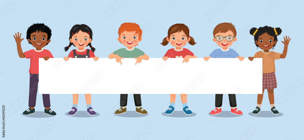 Group of multi ethnic children holding a long empty banner or poster ...