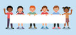 © Tenstudio - Group of multi ethnic children holding a long empty banner or poster templates for text, banner and ads