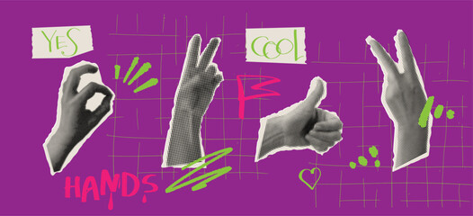 Elements with hands and cutout shape.. Halftone hands gesture in violet background. Retro template for banner, poster, card. Punk art vector illustration.