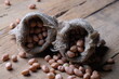 raw peanuts in burlap gunny sack. Peanut is a leguminous plant belonging to the Fabaceae tribe that is cultivated. Arachis hypogaea. vegetable protein, calcium, magnesium, iron. kacang tanah mentah. 