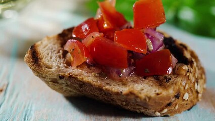 Wall Mural - Bruschetta sandwich appetizer on slice of bread macro shot. Italian food