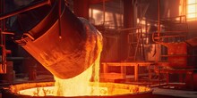  Close Up Cast Iron Process, Liquid Molten Metal Pouring In Ladle, Industrial Metallurgical Foundry Factory, Heavy Industry. Generative AI.