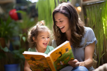 Preschool Age Girl Laughs Happily While Sitting With Her Mother Reading A Story Book