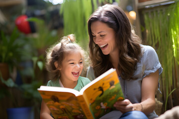 Preschool age girl laughs happily while sitting with her mother reading a story book