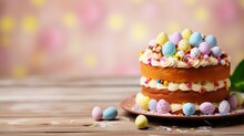 Easter Cake And Colorful Painted Eggs. Traditional Easter Spring Holiday Food On Wooden Table Background.