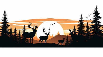 Illustration of a silhouette of a deer family in the forest at sunset