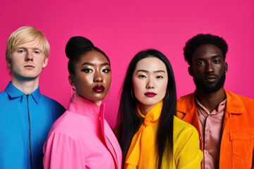 Studio shot of multiracial group of young people with different color clothes