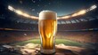 Cold beer on football stadium background. Generative AI
