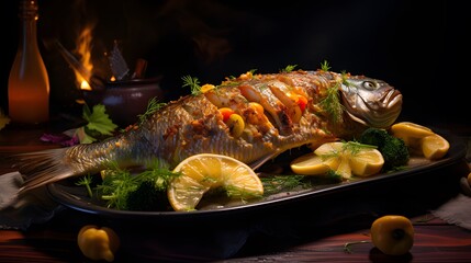 Delicious grilled fish background. Generative AI