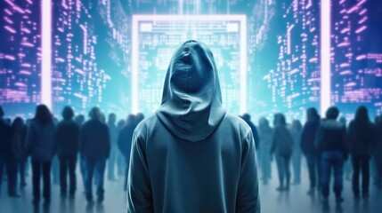 Poster - Rear view, Hacker stands amidst a hazy metaverse, information security terms cybersecurity concept, Symbolizing cyber intrusion.