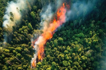 Wall Mural - aerial shot of fire dividing lush green forest