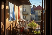 Fresh Linen Towels Drying On A Balcony