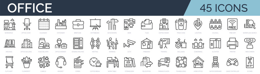 Set of 45 outline icons related to office, workspace, coworking. Linear icon collection. Editable stroke. Vector illustration