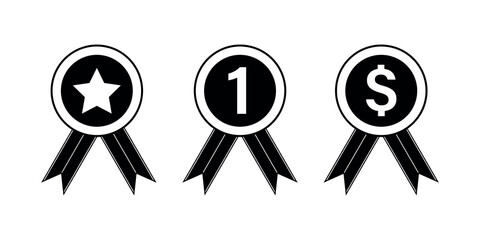 Set of medals. Reward, first place prize, collection of awards with star, dollar sign and number. Money prize, celebration. Monochromatic design isolated on white background