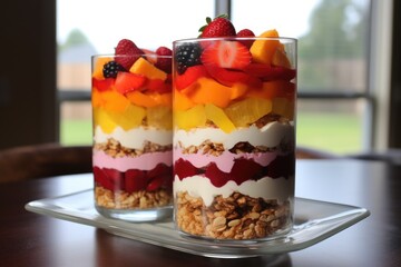 Wall Mural - layered fruit salad in a tall glass or parfait