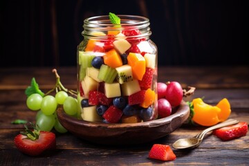 Poster - fruit salad in a mason jar with a rustic background