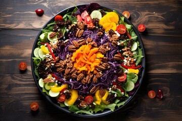 Poster - a bright, overhead shot of a salad with nuts and dried fruits