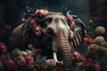 Wall Mural - Elephant abstract portrait with flowers and leaves. Creative animal portrait. Generative Ai.