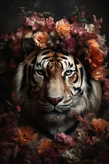 Wall Mural - Tiger wild cat abstract portrait with flowers and leaves. Creative animal portrait. Generative Ai.