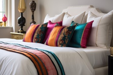 Poster - bed with white linens and colorful throw pillows