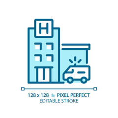 Poster - 2D pixel perfect editable blue hospital icon, isolated vector, building thin line illustration.