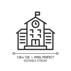 Poster - 2D pixel perfect editable black school icon, isolated vector, building thin line illustration.