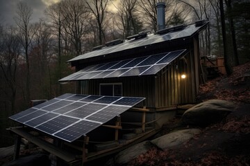 Wall Mural - solar panels on a secluded cabin roof