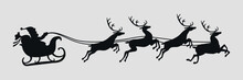 Santa Claus On A Sleigh With Reindeer. Black Silhouette. Vector On Gray Background