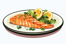 Grilled salmon steak on plate vector flat isolated illustration