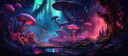 Wall Mural - Dark Forest with Purple Glowing Mushrooms extreme closeup. Generative AI