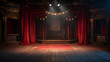 Empty burlesque stage or podium for dance with red curtain. Copy space. Luxury design. Generative AI