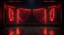 Empty Burlesque Stage Or Podium For Dance With Red Curtain. Copy Space. Luxury Design. Generative AI