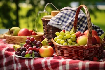 Wall Mural - open picnic basket with checkered napkin and fresh fruits