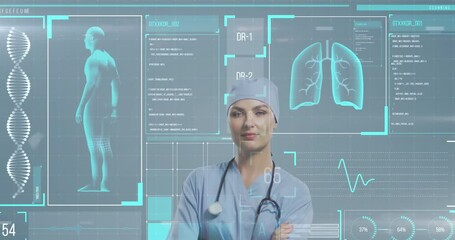 Poster - Animation of human representation, dna helix over caucasian female doctor standing arms crossed