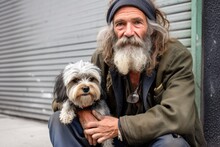 Portrait Of A Homeless Man Sitting On The Sidewalk With His Dog