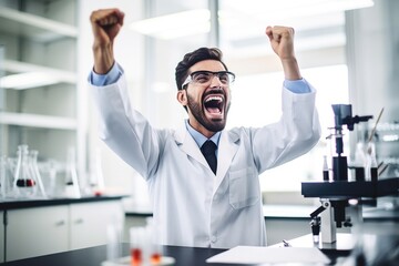 Sticker - shot of a young scientist cheering while conducting an experiment in a lab