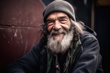 portrait of a smiling homeless man sitting outside