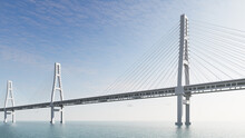Long White Bridge Over The Water. High-speed Highway, Transport Crossing Over The Sea. 3d Rendering