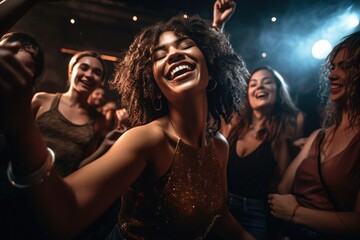 Sticker - shot of a happy young woman dancing with her friends at a nightclub