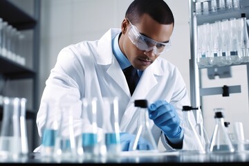 Sticker - head and shoulders shot of a scientist working with chemicals in his lab